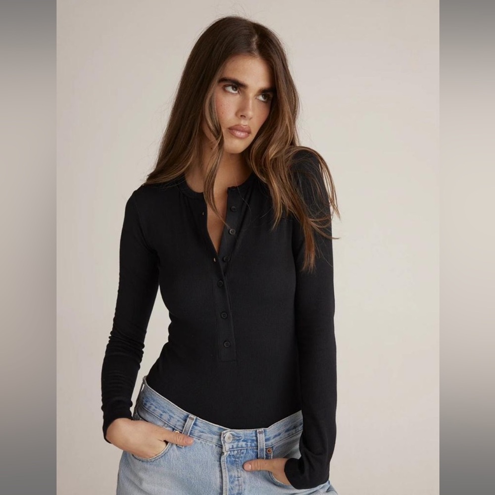 REFORMATION Jeans Nisa Knit Henley Bodysuit Black Women's S Long Sleeve Classic